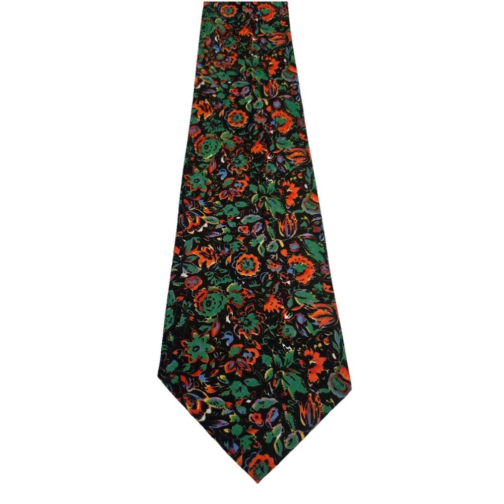 Vtg BOSS Silk Mens Tie Floral Black Green 3.75” Necktie